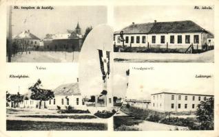 Párkánynána, Római katolikus templom és iskola, kastély, községháza, laktanya, országzászló / Roman catholic church and school, castle, town hall, barrack, flag (EK)