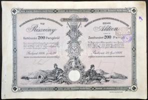 Budapest 1926. "Magyar Általános Kőszénbánya Részvénytársaság" 10db részvénye egyenként 200P-ről, szelvényekkel, szárapecséttel és bélyegzésekkel T:III lyuk