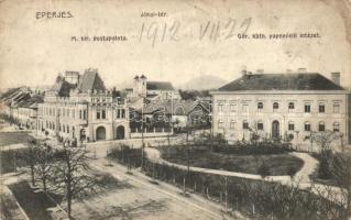 Eperjes, Jókai tér, Magyar királyi postapalota, Görög katolikus papnevelő intézet, kiadja Divald Károly fia / square, post palace, seminary (EK)