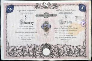 Budapest 1935. "Salgó-Tarjáni Kőszénbánya-Részvény-Társulat" 5db részvénye egyenként 30P-rő, összesen 150P-ről, szelvényekkel, szárazpecséttel és bélyegzésekkel T:II-,III