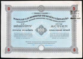 Budapest 1941. "Magyar Czukoripar Részvénytársaság" 5db részvénye egyenként 100P-ről, szelvényekkel, szárazpecséttel és bélyegzéssel T:II