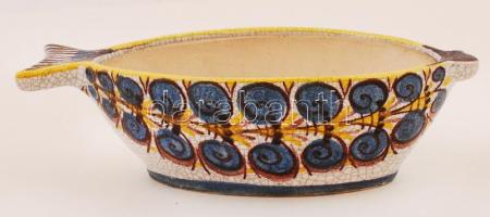 Mediterrán motívumú halacskás kerámia tál, kivehető kerámia betéttel, kézzel festett, jelzett, 22×10×6,5 cm