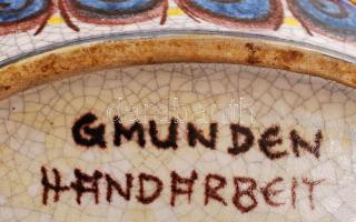 Mediterrán motívumú halacskás kerámia tál, kivehető kerámia betéttel, kézzel festett, jelzett, 22×10...