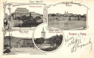 Praha, Prag; Narodni divadlo, Emausy, Novy most, Karlovo namesti / theatre, bridge, square, Art Nouveau