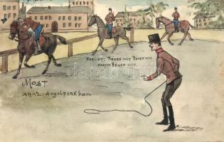 1912 Katonai lovarda / K.u.K. riding hall, hand painted postcard