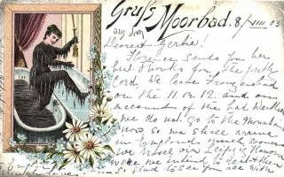 Karlovy Vary, Karlsbad; Moorbad / Peat pulp bath, mud bath, humour, floral litho (EB)