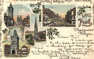 1899 Praha, Prag; Graben, Gr. Ring, Teynkirche, Kaiser Franz Monument, Pulverthurm / street, church, statue, tower, floral Art Nouveau litho (small tear)