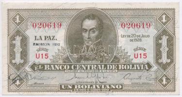Bolívia 1928. 1B "1952" felülbélyegzéssel T:I- hajtatlan Bolivia 1928. 1 Boliviano with "1952" overprint C:AU unfolded Krause 128c