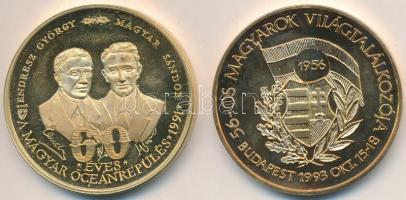 2db emlékérem: Bozó Gyula (1913-2004) 1991. "60 éves a magyar óceánrepülés Endresz György - Magyar Sándor / Harbour Grace - Bicske" aranyozott Br emlékérem (42,5mm) + 1993. "56-os Magyarok Világtalálkozója / Ébredjetek!" aranyozott emlékérem (42,5mm) T:1- (PP)