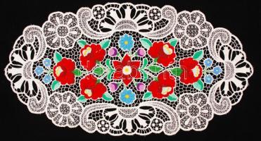 Kalocsai mintás terítő, kézzel és géppel (riselin)  hímzett, jó állapotban, 30×55 cm