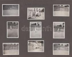 1927-1928 R.A.F.C. tenisz társaság, 46 db fotó albumlapra ragasztva, feliratozva, 6x4,5 cm