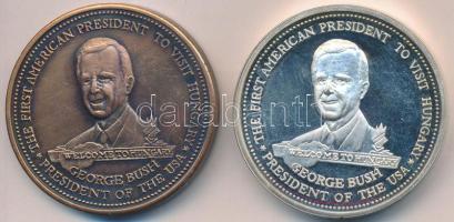 Bozó Gyula (1913-2004) / Szabó Géza (1939-) 1989. "George Bush látogatása Magyarországon" (2x) Br és piefort Ag emlékérem (71.13g/0.825/42,5mm) T:BU, 1- (PP)