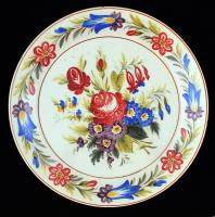 Régi virágos porcelán tányér, "Bélapátfalva 1935" jelzéssel, apró kopásnyomokkal, d: 32,5 cm