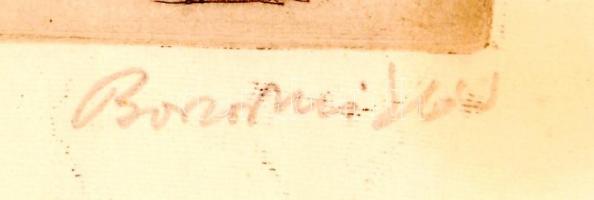 Borsos Miklós (1906-1990): Barátnők. Rézkarc, papír, jelzett, üvegezett keretben, 13×9 cm