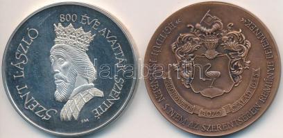 2db emlékérem: 1993. "Bozó Gyula 80 éves" Br emlékérem (42,5mm) + Fritz Mihály (1947-) 1992. "Szent László - 800 éve avatták szentté / Bátmonostor 1192-1992" fém emlékérem (42,5mm) T:1, 2(PP)