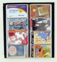 55 db különféle magyar és néhány külföldi telefonkártya, valamint néhány egyéb kártya, műbőr kötésű berakóba rendezve