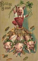 New Year, pig ride, litho