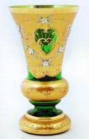 Aranyozott, virágmintás csehszlovák színezett üveg váza, jelzés nélkül, hibátlan, d: 15 cm, m: 25,5 cm