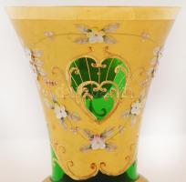 Aranyozott, virágmintás csehszlovák színezett üveg váza, jelzés nélkül, hibátlan, d: 15 cm, m: 25,5 ...