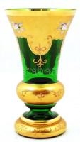 Aranyozott, virágmintás csehszlovák színezett üveg váza, jelzés nélkül, hibátlan, d: 15 cm, m: 25,5 ...