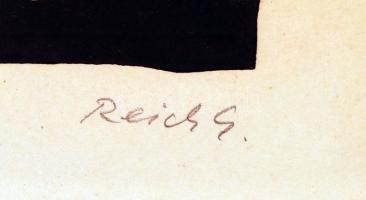 Reich Gábor (1951- ): Csendélet. Színezett linó, papír, jelzett, üvegezett keretben, 33×23 cm