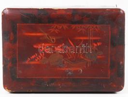 Távol keleti lakk doboz, sérült, kulcs nélkül, 17×10 cm, m:6 cm