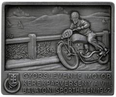 1942. "Gyorslevente motorkerékpárverseny a VIII. Balatoni Sporthéten" fém plakett. Szign.: PETRO (49x58mm) T:2 Hungary 1942. "Levente qualification plaque for motorised troops of the motorcycle competition at the 8th Week of Sports at Lake Balaton" metal plaque. Sign.: PETRO (49x58mm) C:XF