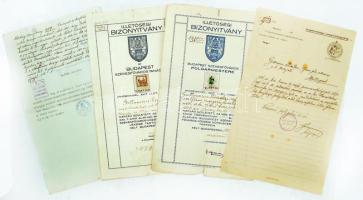 1916-1938 Varannó, Bp., Guttmann Tivadarnak, a Ganz gyár könyvelőjének katonai felmentési igazolása, 3 db illetőségi bizonyítványa