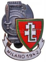 1942. "Milano 1942" aranyozott, zománcozott fém levente gomblyukjelvény (28x20mm) T:2 kis zománchiba Hungary 1942. "Milano 1942" gilt, enamelled metal Levente button badge (28x20mm) C:XF small enamel error