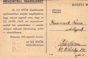 Budapest II. Új Idők 1931- évi Herczeg- és Jókai-háza, részvételi igazolvány (fa)