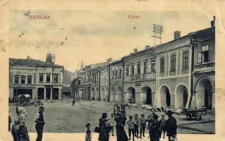 Zsolna, Főtér, Grossmann Adolf, Lőwy Fülöp és Ripper Mór üzletei / main square, shops (fa)
