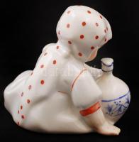 Zsolnay babos kendős kislány, kézzel festett, hibátlan, jelzett, m: 7 cm