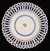 Jelzett antik áttört tányér, kézzel festett, máz hibákkal, d:23 cm