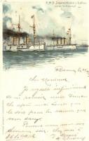 1899 SMS Deutschland und Gefion unter Volldampf / German battleships, litho