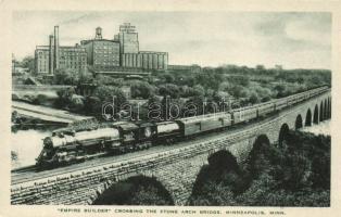 Minneapolis, "Empire Builder" crossing the Stone Arch Bridge, steam engine