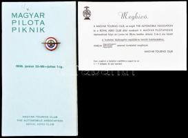 Berán Nándor (1889-1965) 1938. "V.M.P.P. - V. Magyar Pilóta Piknik" zománcozott fém gomblyukjelvény, a Magyar Touring Club, a The Automobile Association és a Royal Aero Club által megrendezett esemény eredeti meghívójával és ismertető füzetével T:1-,2 Hungary 1938. "V.M.P.P. - 5th Hungarian Pilot Picnic" enamelled button badge with makers mark "BERÁN N BPEST", and with the original invitation card and information booklet C:AU,XF