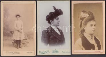 cca 1880-1910 3 db női portré, nagyváradi fotóműhelyekből, 9×6 cm