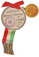 1903. "Ferenc József / Gyakorlatozási emlékérem" aranyozott Br emlékérem. "FERENCZ JÓZSEF I. / EMLÉKÜL Ő FELSÉGE A KIRÁLY JELENLÉTE ALKALMÁBÓL MARIA-RADNA-LIPPA ŐSZI GYAKORLATOKNÁL 1903 SZEPTEMBER HÓBAN - ZUR ERINNERUNG AN DIE ANWESENHEIT Sr. MAJESTÄT DES KÖNIGS BEI DEM HERBST-MANÖVER IN MARIA-RADNA-LIPPA - SEPTEMBER 1903" (29mm) + Koncz Gyula újfalui tisztviselő számára kiállított sorszámozott, lepecsételt engedély a gyakorlaton való részvételhez + nemzetiszín szalag összefűzve T:2 (PP) Hungary 1903. "Franz Josef / Maneuver Medal" gilt Br medallion (29mm) + numbered, sealed legitimation about the maneuver for Gyula Koncz, officer of Újfalu + ribbon, concatenated C:XF (PP)