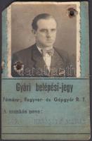 cca 1935-1946 Fémáru-, Fegyver- és Gépgyár R.T. fényképes igazolványa