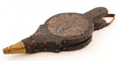 Régi fújtató, réz plakettel, bőr huzattal, h:37 cm