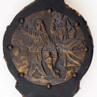 Régi fújtató, réz plakettel, bőr huzattal, h:37 cm