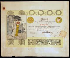 1931-1932 a Magyar Királyi Színművészeti Akadémia 2 db díszes oklevele rendezői, illetve színművészeti tanfolyam elvégzéséről, szárazpecséttel, aláírásokkal, vörös-arany-fekete szalaggal átkötve