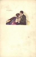 12 db RÉGI főleg használatlan szignós motívumlap; hölgyek, párok / 12 old mostly unused artist signe...