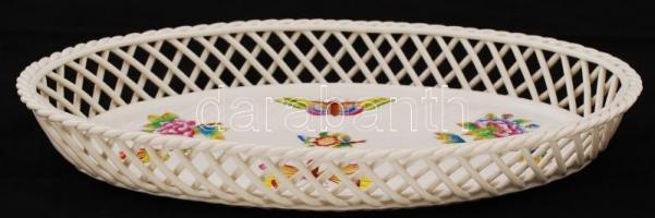 Herendi Viktória mintás ovális áttört tál, kézzel festett, jelzett, hibátlan, 26×16 cm