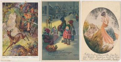 Kb. 550 db RÉGI motívumlap sok lithoval és pár fotóval dobozban; üdvözlő, művész, hölgyek, gyerek / Approx. 550 old motive cards with many lithos and some photos in a box; greeting, art, ladies, children