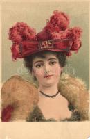 Lady, pearl decoration, litho (EM)