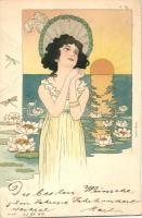 1899 Lady with water lilies, Gebr. Metz No. 620. litho (small tear)