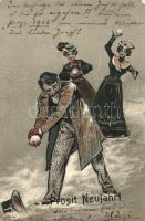 New Year, Snowballing women and man Emb. litho (EK)