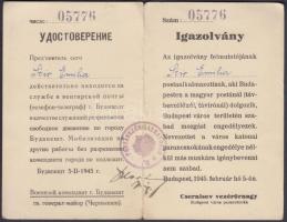 1945 Bp., Csernisev vezérőrnagy, Bp.város parancsnoka által kiadott postaalkalmazott szabad mozgását biztosító igazolvány