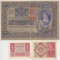 1918. 10.000K piros "Deutschösterreich" felülbélyegzéssel + Ausztria 1922. 1K + 2K T:III,III-,I-